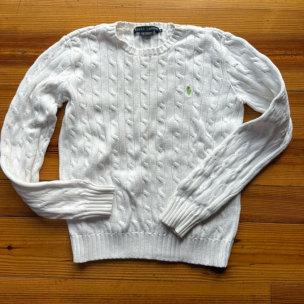 Polo by Ralph Lauren White Cable-Knit V-Neck Sweater